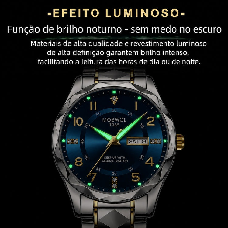 Relógio esportivo com mostrador azul e pulseira metálica prateada e dourada