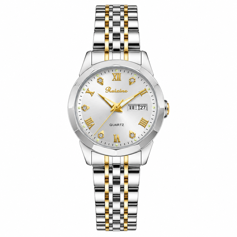Relógio de pulso bicolor prata e dourado com pulseira metálica e mostrador branco.