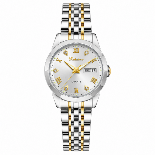 Relógio de pulso bicolor prata e dourado com pulseira metálica e mostrador branco.