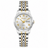 Relógio de pulso bicolor prata e dourado com pulseira metálica e mostrador branco.