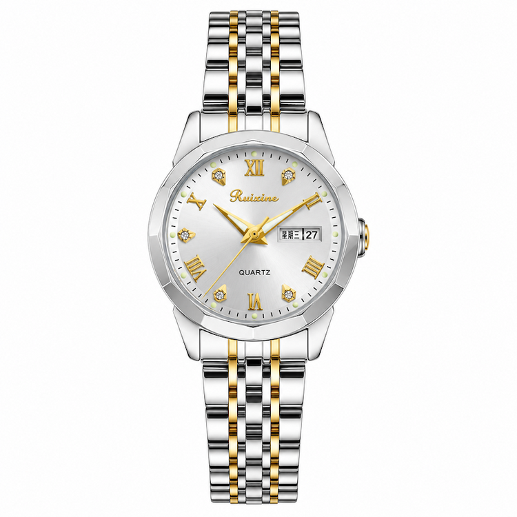 Relógio de pulso bicolor prata e dourado com pulseira metálica e mostrador branco.