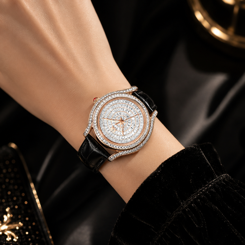 Relógio Estrela com pulseira preta e mostrador branco, aro cravejado e detalhes rosé.