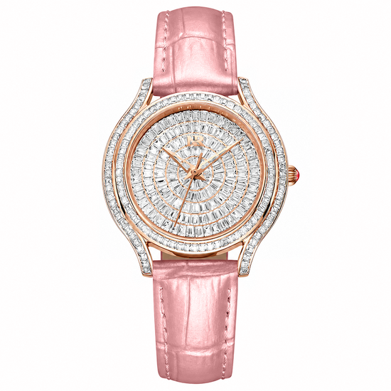 Relógio Estrela com pulseira rosa e mostrador branco, aro cravejado e caixa rosé.