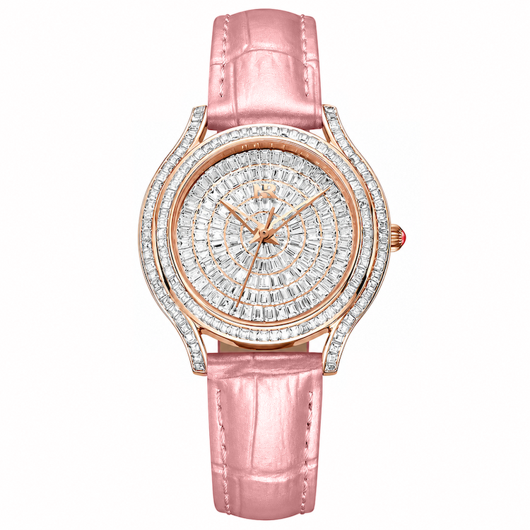 Relógio Estrela com pulseira rosa e mostrador branco, aro cravejado e caixa rosé.