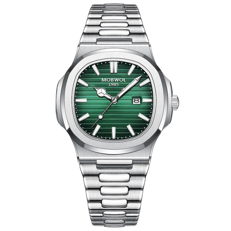 Relógio com pulseira de aço prateado e mostrador verde com marcadores