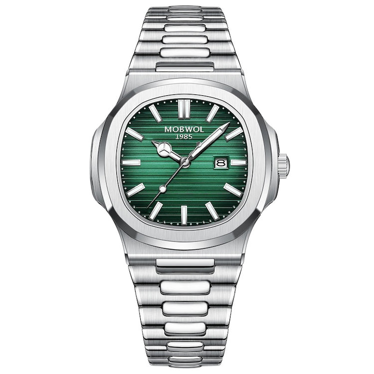 Relógio com pulseira de aço prateado e mostrador verde com marcadores