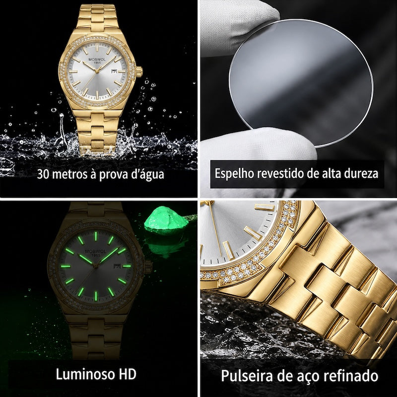 Relógio dourado com mostrador claro e pulseira de aço; aro com pedras