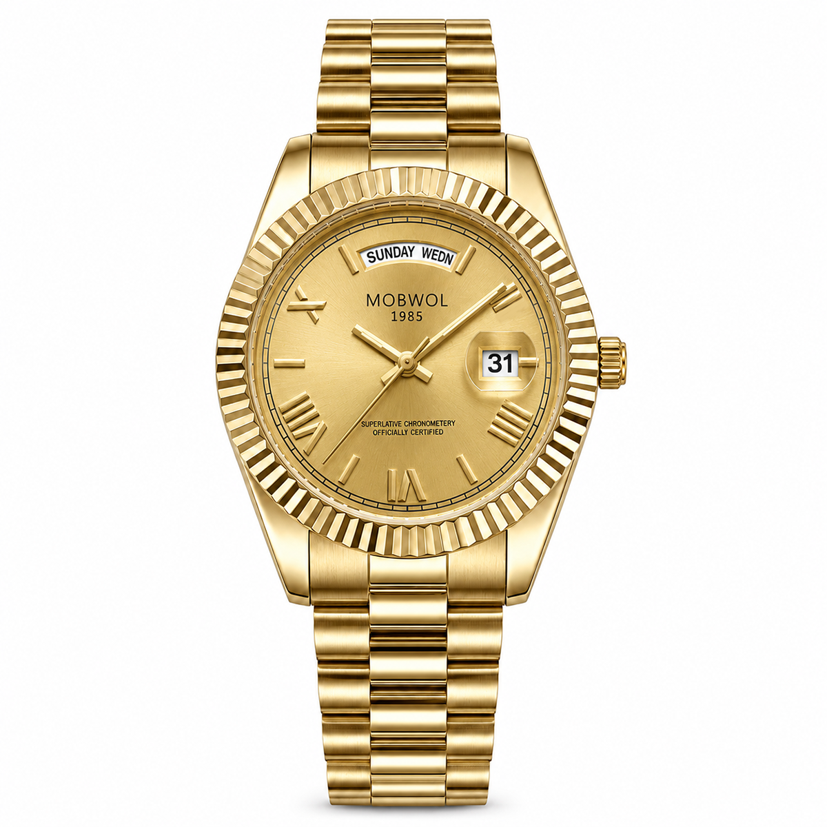 Relógio de pulso dourado com mostrador dourado e pulseira metálica