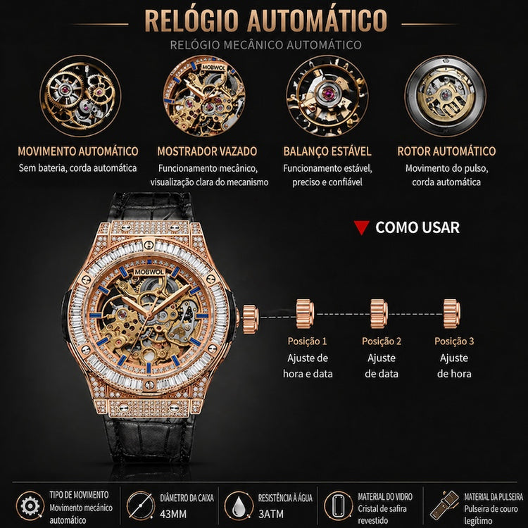 Relógio automático rosé com mostrador esqueleto e pulseira de couro preta