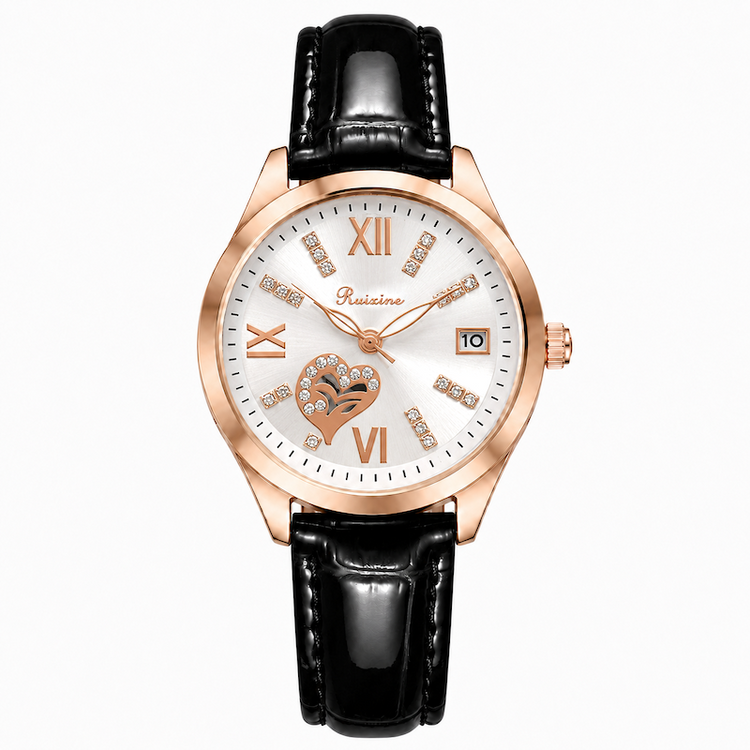 Relógio com mostrador branco, detalhe de coração, pulseira preta e caixa dourada rosé