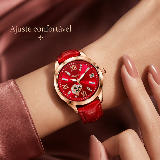 Relógio no pulso com mostrador vermelho e pulseira de couro vermelha