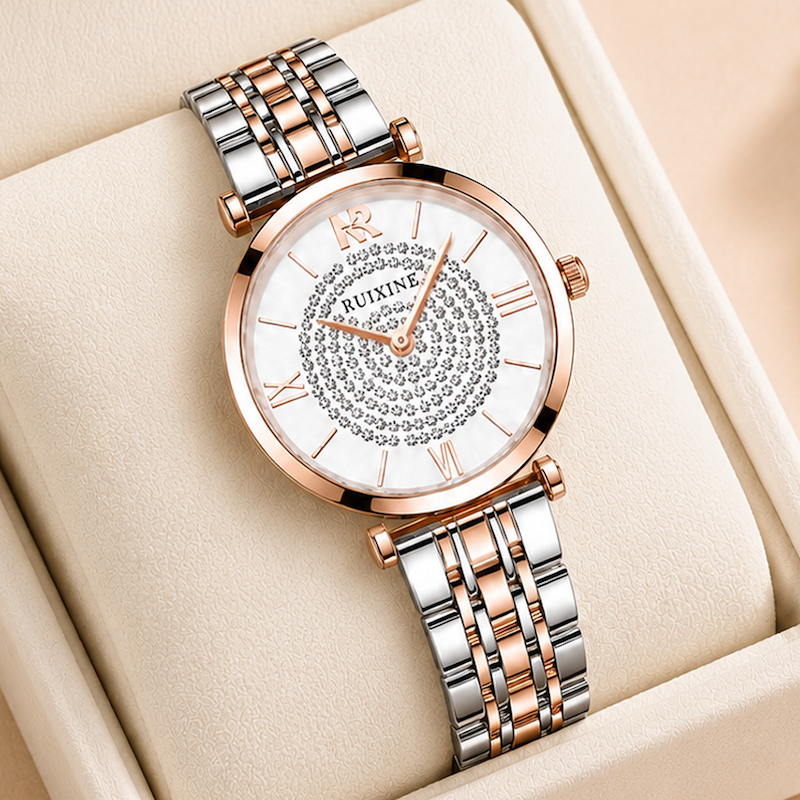 Relógio Estrela redondo com caixa rosé, mostrador branco e pulseira bicolor