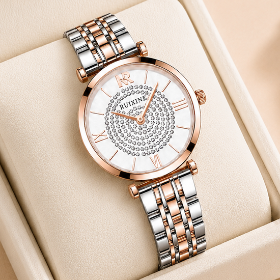 Relógio Estrela redondo com caixa rosé, mostrador branco e pulseira bicolor