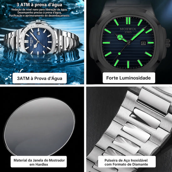 Relógios com mostradores azul e preto; detalhes verdes e pulseira metálica