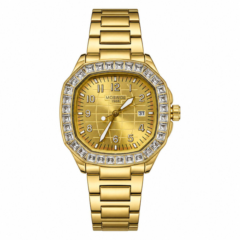 Relógio Rainha dourado com mostrador dourado, bezel cravejada e pulseira em aço, janela data 31