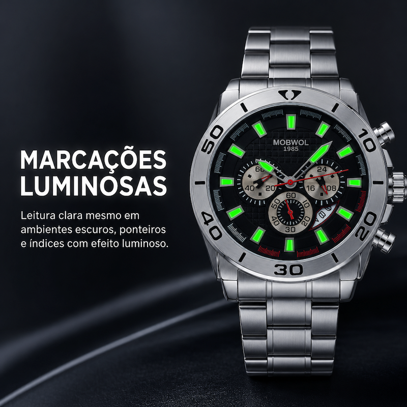 Relógio cronógrafo masculino prateado com marcações luminosas verdes no mostrador