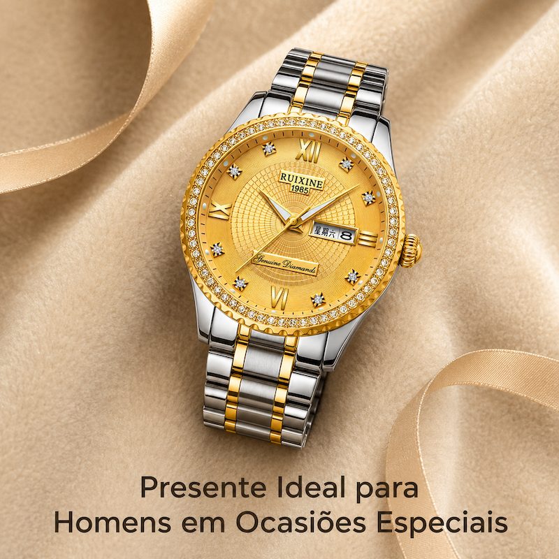 Relógio masculino bicolor com mostrador dourado texturizado e aro cravejado