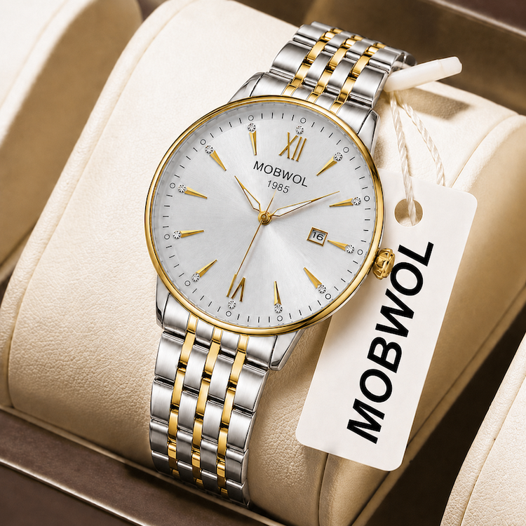 Relógio MOWBOW com pulseira bicolor e mostrador branco, sobre caixa e etiqueta.