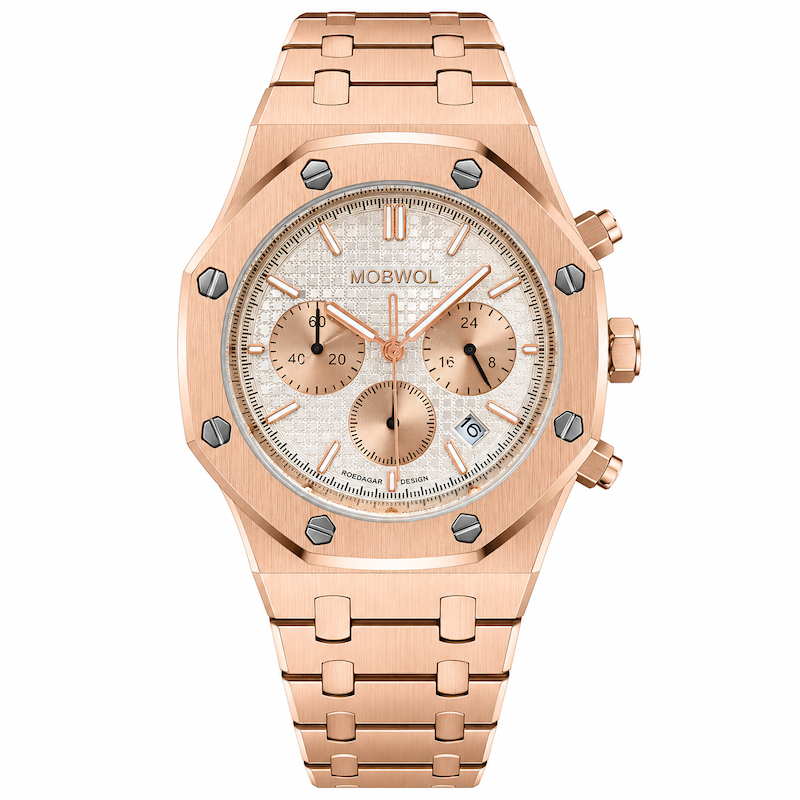 Relógio Vértice com pulseira rosé e mostrador claro cronógrafo laranja