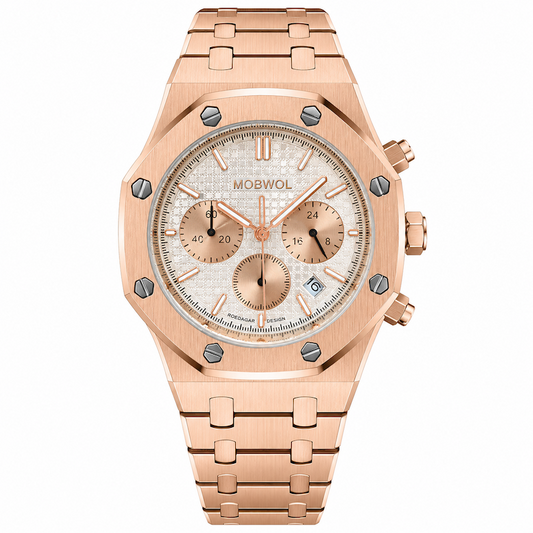 Relógio Vértice com pulseira rosé e mostrador claro cronógrafo laranja