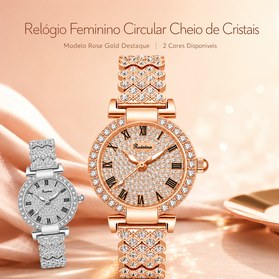Relógio feminino rosé com mostrador cravejado e pulseira de elos com cristais