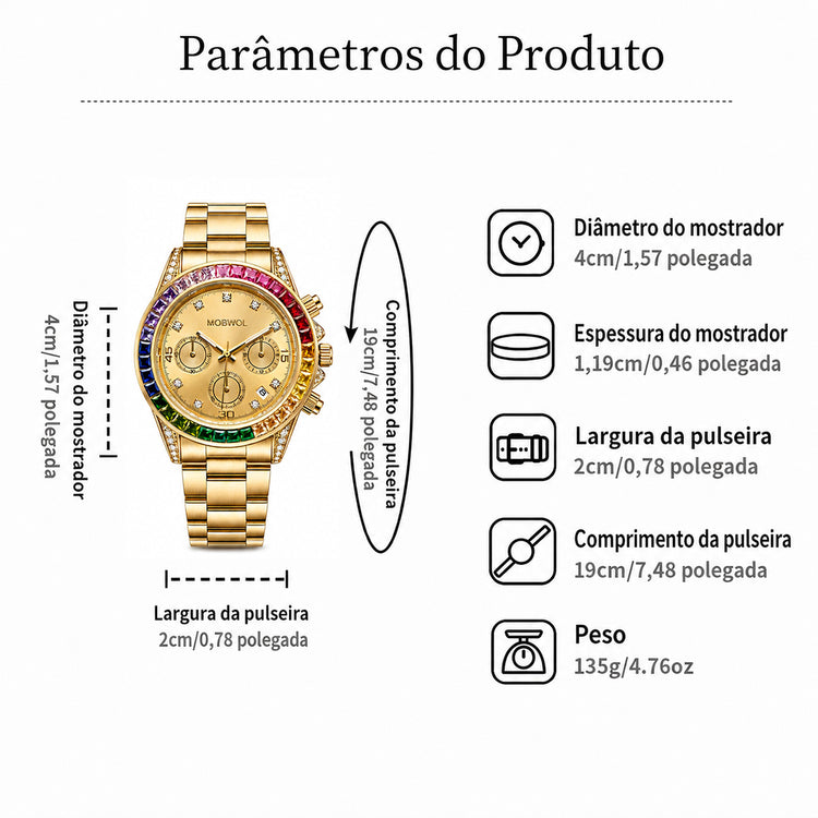 Relógio dourado com mostrador bege e moldura arco-íris, vista frontal com medidas.