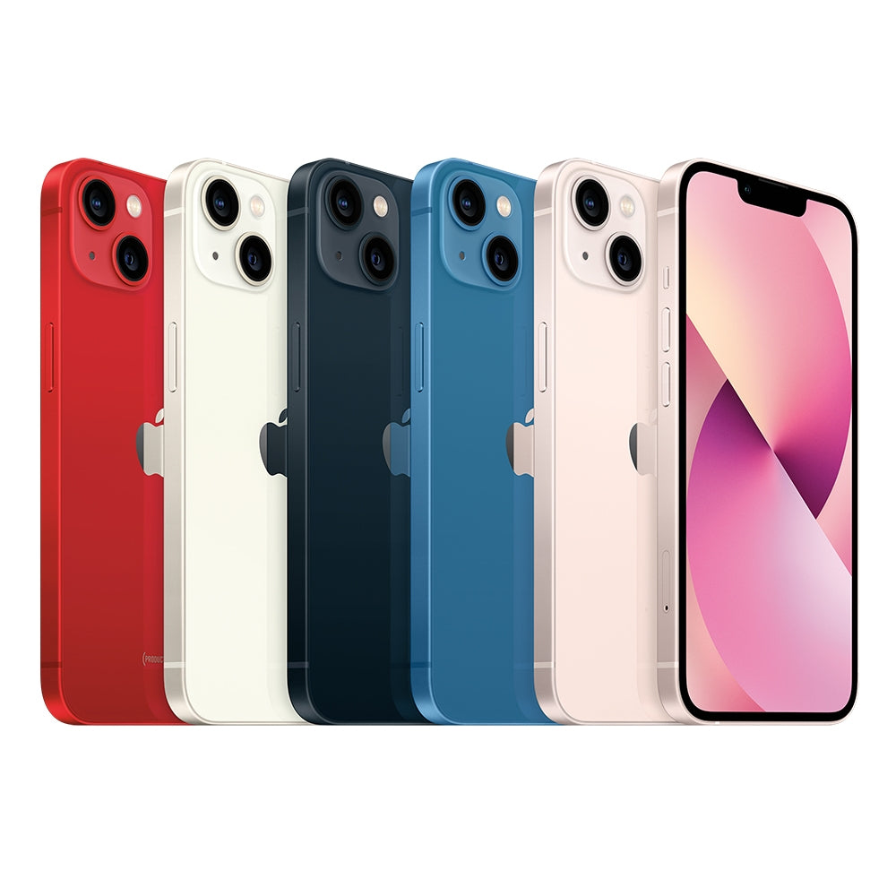 iPhone 13 recondicionado em cores vermelha, branca, preta, azul e rosa, com tela.