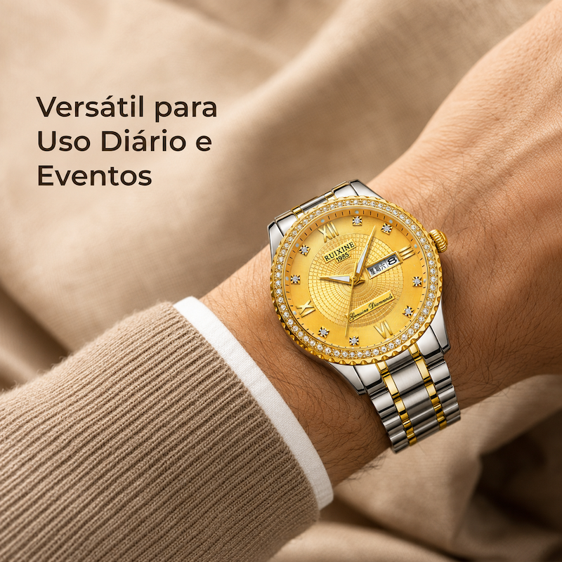 Relógio masculino bicolor com mostrador dourado e pulseira de aço listrada