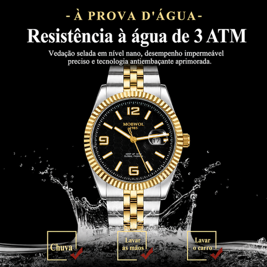 Relógio esportivo com mostrador preto e pulseira bicolor dourado e prata