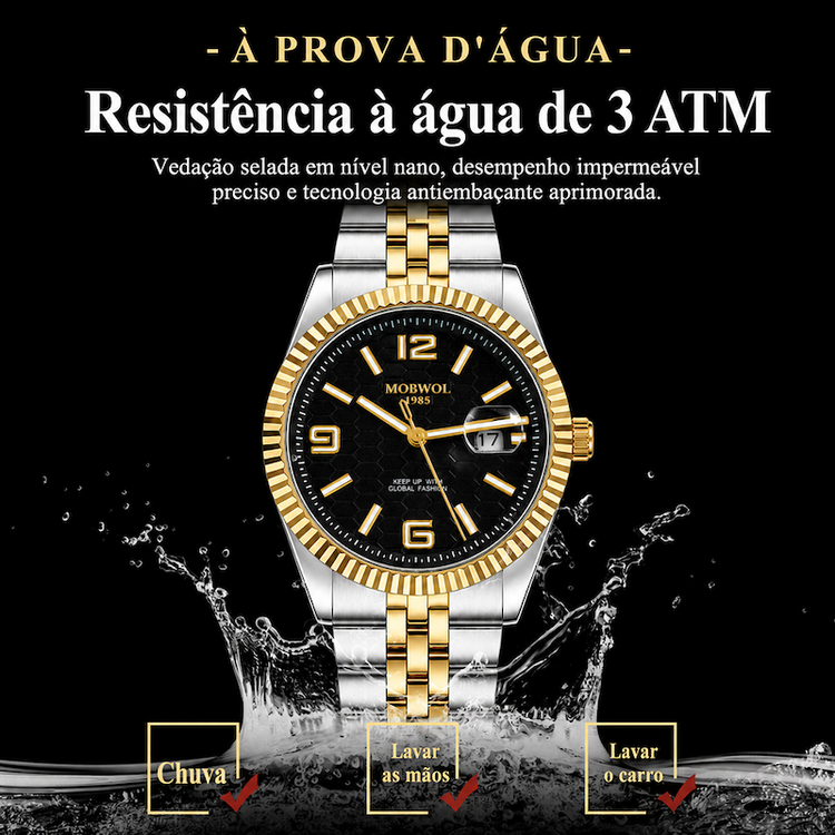 Relógio esportivo com mostrador preto e pulseira bicolor dourado e prata