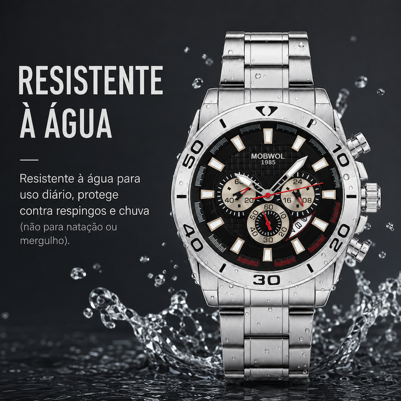 Relógio cronógrafo masculino prateado com mostrador preto e bracelete metálica