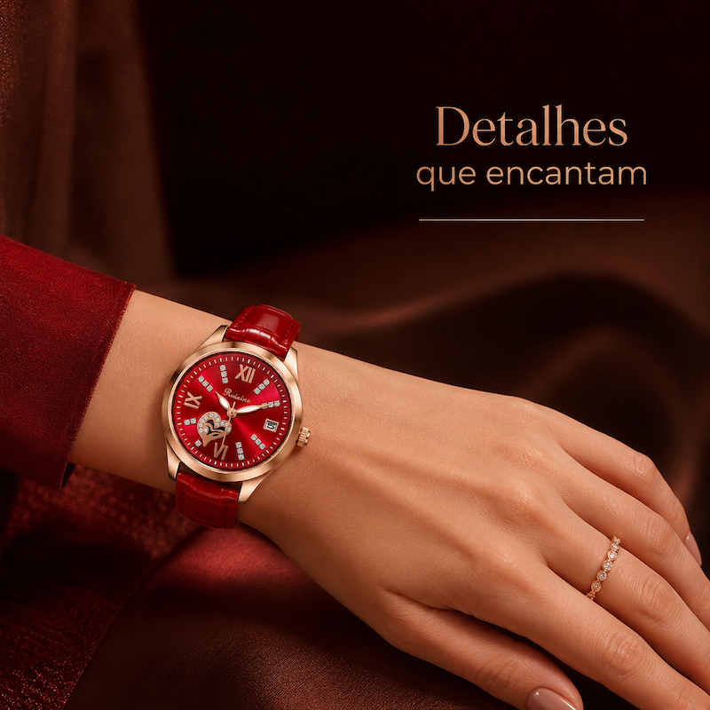 Relógio com mostrador vermelho, pulseira de couro vermelha e detalhes brilhantes