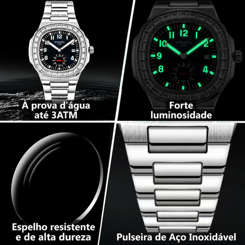 Relógios com caixas prateada e preta, mostradores escuros com iluminação verde