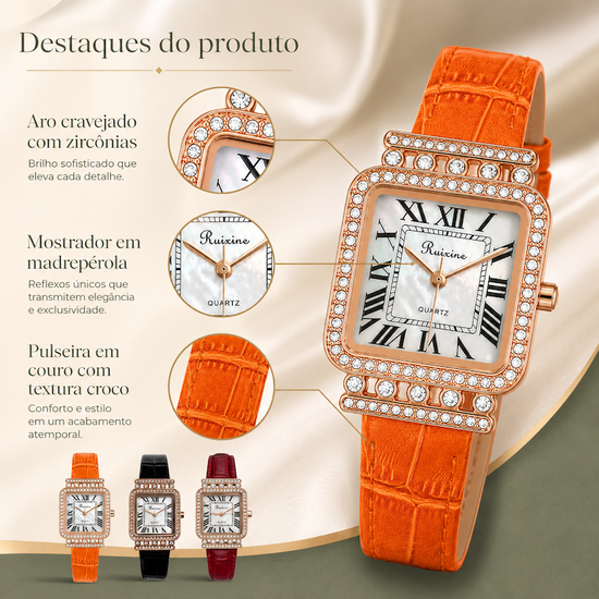 Relógio feminino laranja com pulseira textura croco e moldura cravejada, mostrador analógico