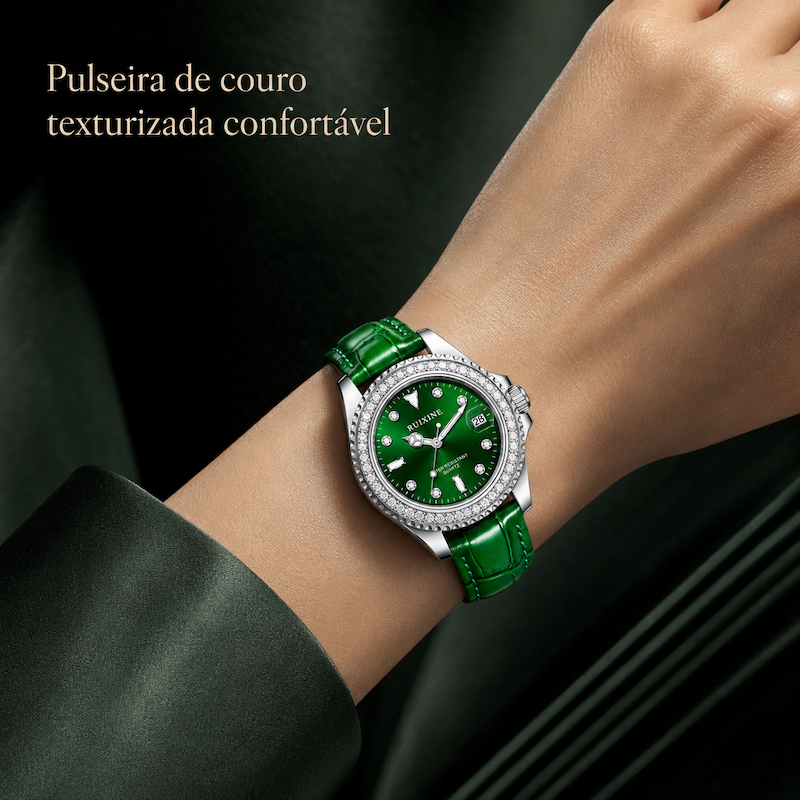 Relógio RUIXINE verde com pulseira verde texturizada e mostrador com detalhes em strass