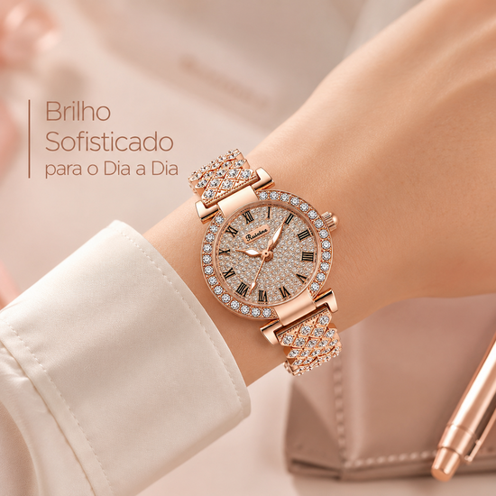 Relógio feminino rosé com mostrador circular e pulseira cravejada de cristais
