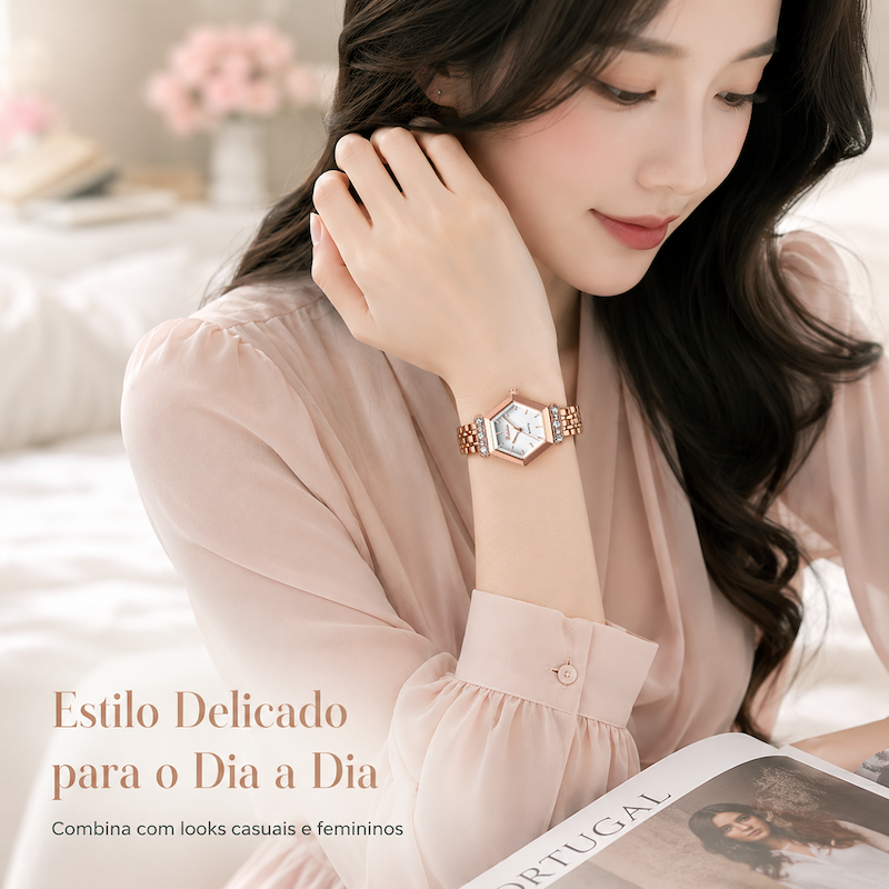 Relógio rosé no pulso, mostrador branco e pulseira metálica, estilo elegante