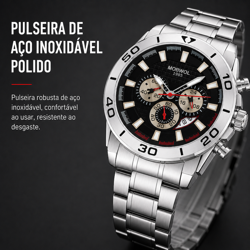 Relógio cronógrafo masculino prateado com pulseira de aço polido e mostrador preto