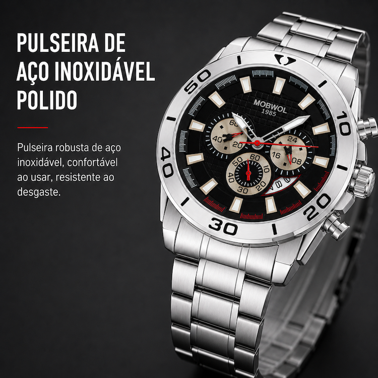 Relógio cronógrafo masculino prateado com pulseira de aço polido e mostrador preto