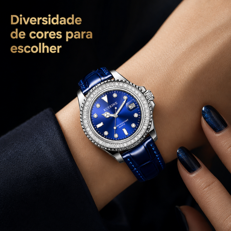 Relógio RUIXINE azul com pulseira azul e mostrador analógico, moldura com strass
