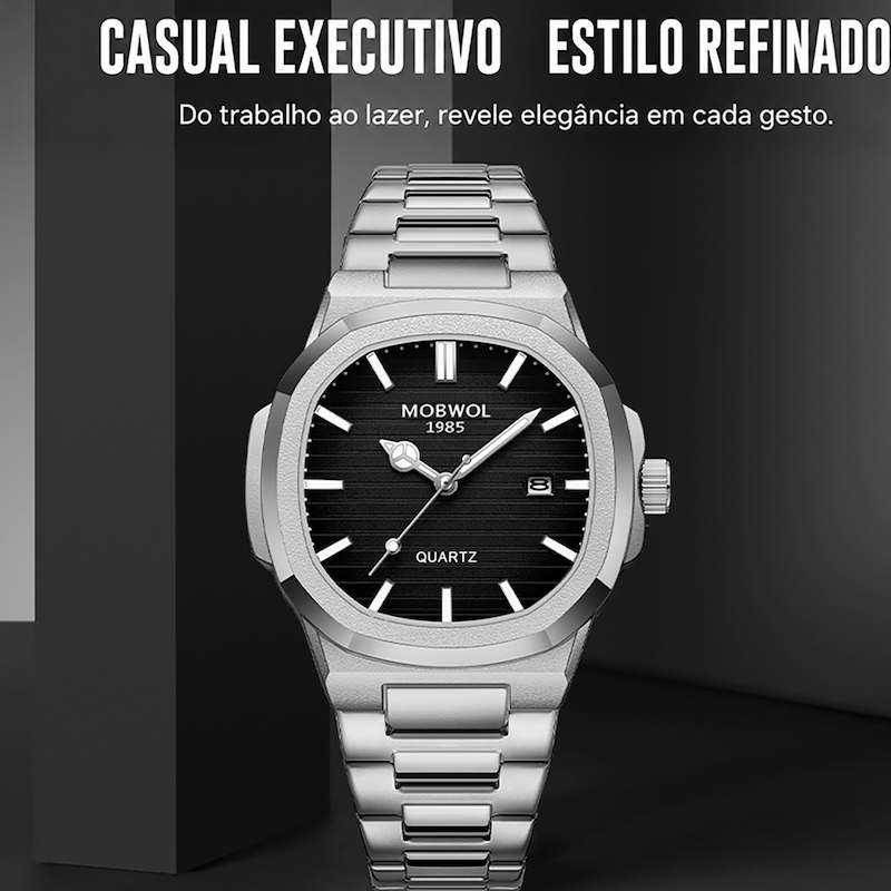 Relógio masculino prateado com mostrador preto e pulseira metálica de elos