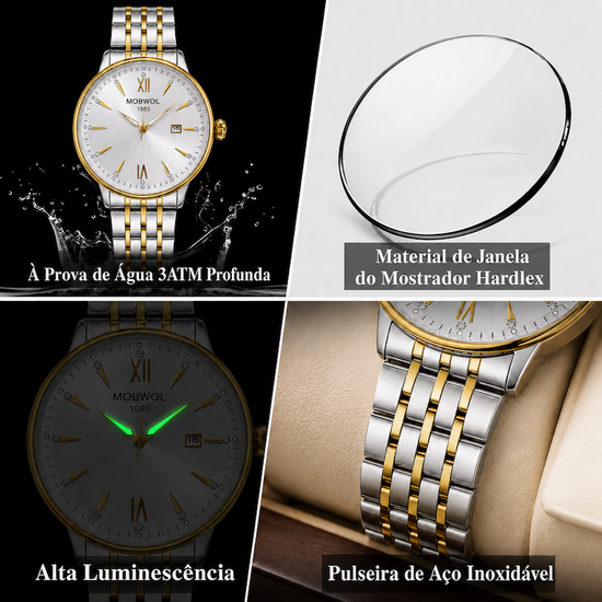 Relógio bicolor com mostrador branco e pulseira metálica, com indicação de luz.