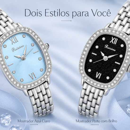 Par de relógios femininos prateados com strass: azul claro e preto