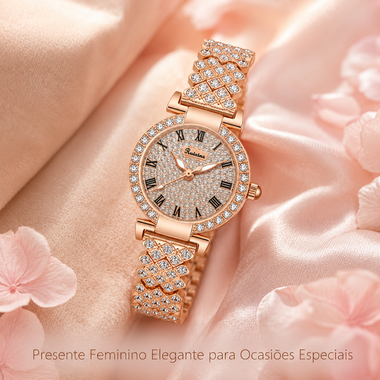 Relógio feminino rosé com pulseira larga cravejada e mostrador circular com cristais
