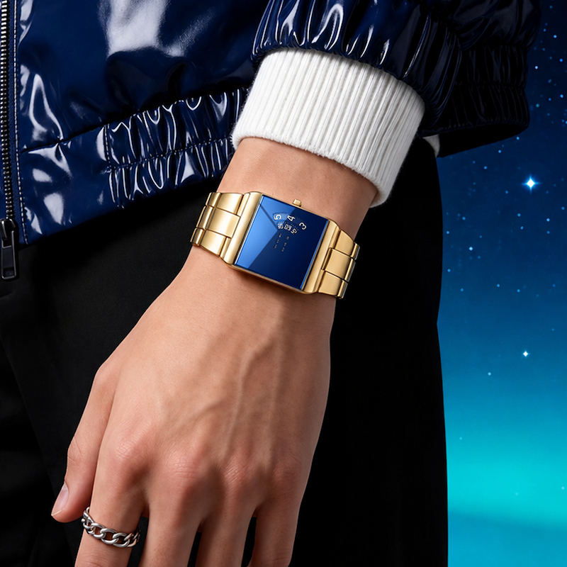 Relógio dourado com mostrador azul no pulso, pulseira metálica de elos