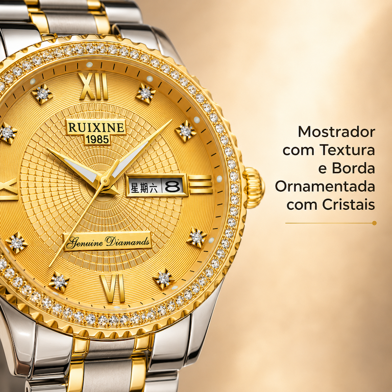 Relógio masculino bicolor com mostrador dourado e detalhes de cristais no aro