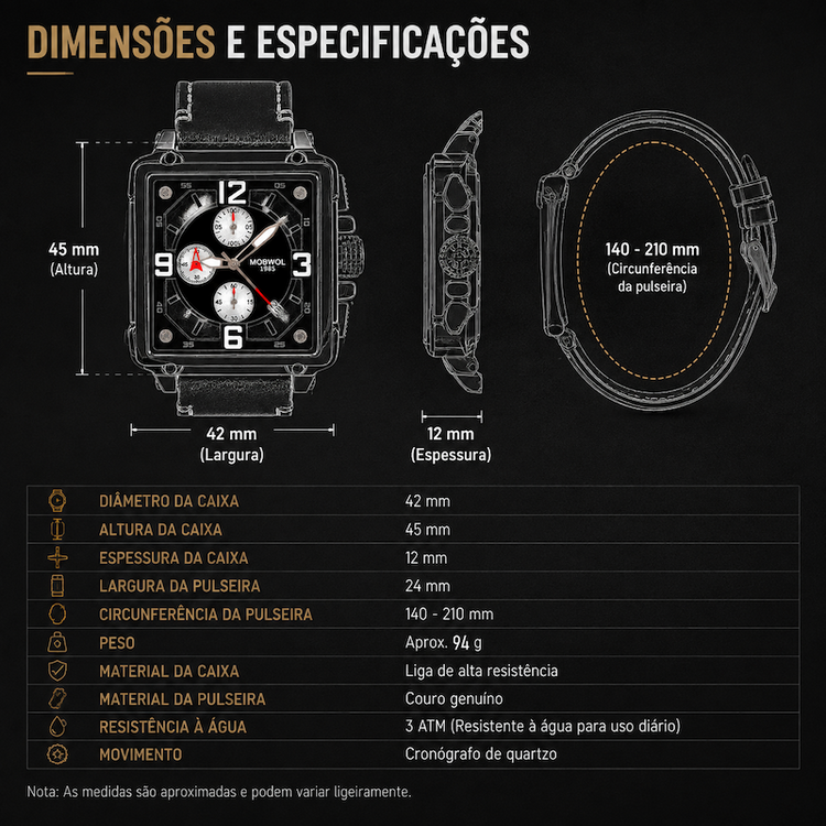 Relógio cronógrafo Cronos quadrado com pulseira de couro preta e mostrador branco