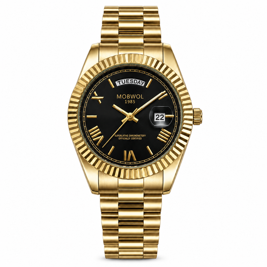 Relógio de pulso dourado com mostrador preto e pulseira metálica