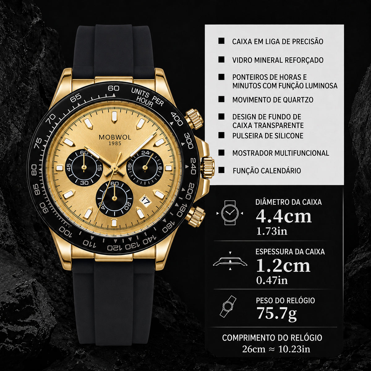 Relógio cronógrafo com caixa dourada e pulseira preta, mostrador bege com subdials