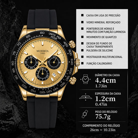 Relógio cronógrafo com caixa dourada e pulseira preta, mostrador bege com subdials